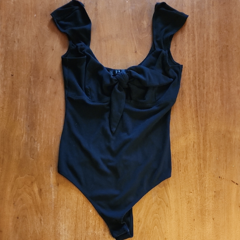 Lulus Sweet Darlin' Black Ribbed Tie-Front Bodysuit